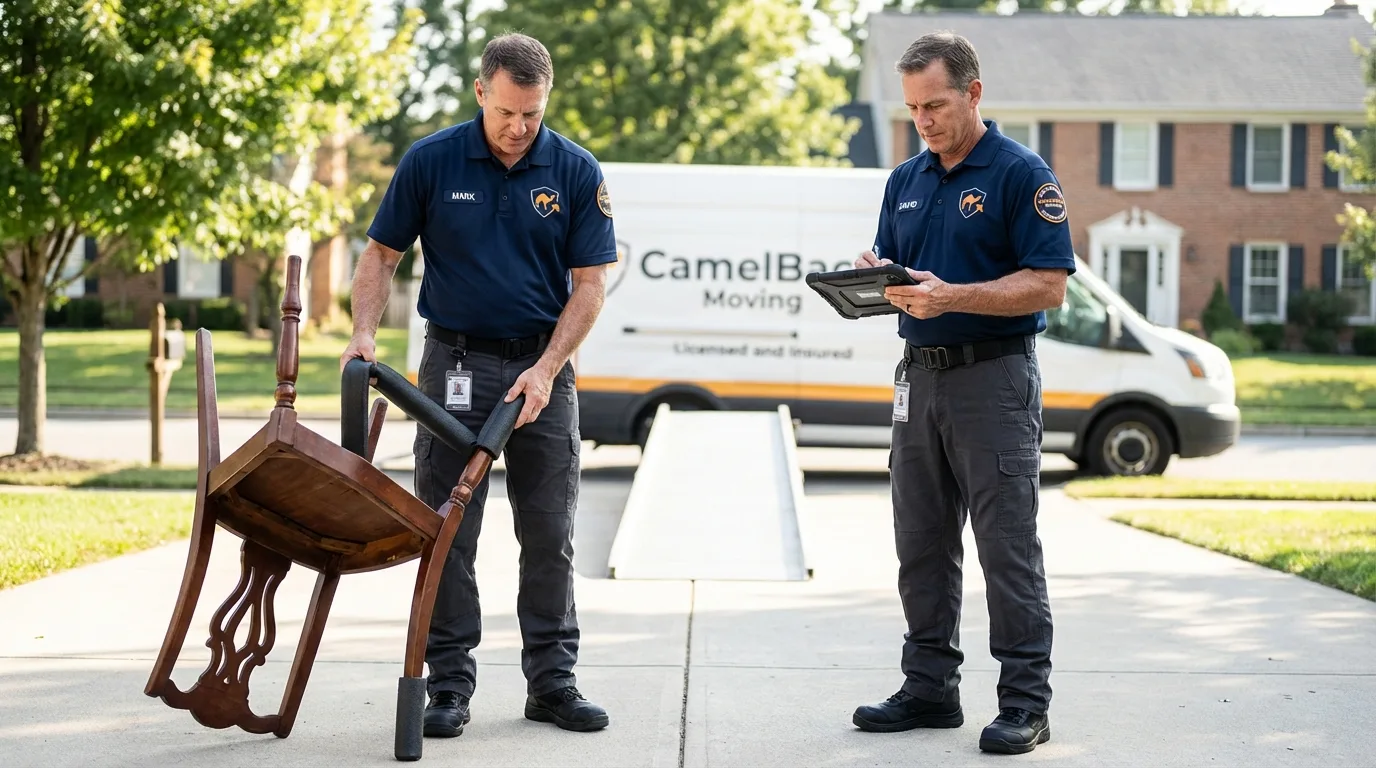 Movers inspecting furniture for damage prevention before loading in Shrewsbury, PA