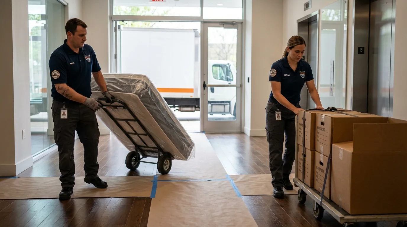 Professional apartment movers loading elevator in Shrewsbury, PA