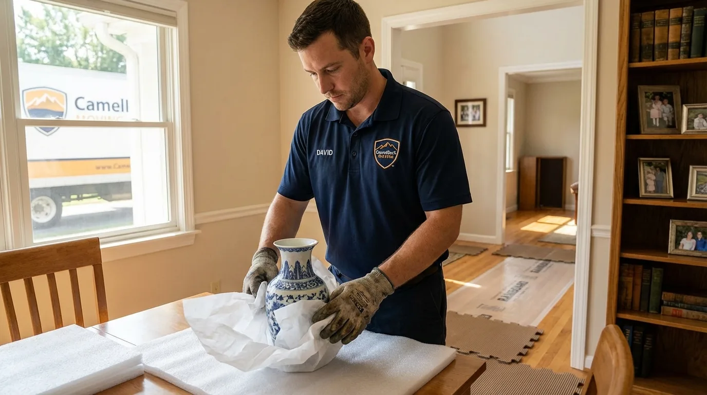 Professional crew carefully wrapping antique vase for senior downsizing move in Shrewsbury, PA